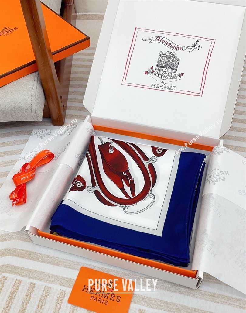 Hermes Attelage en Arbalete forever Silk Square Scarf 90x90cm Blue 2025 (SHI-250319071)