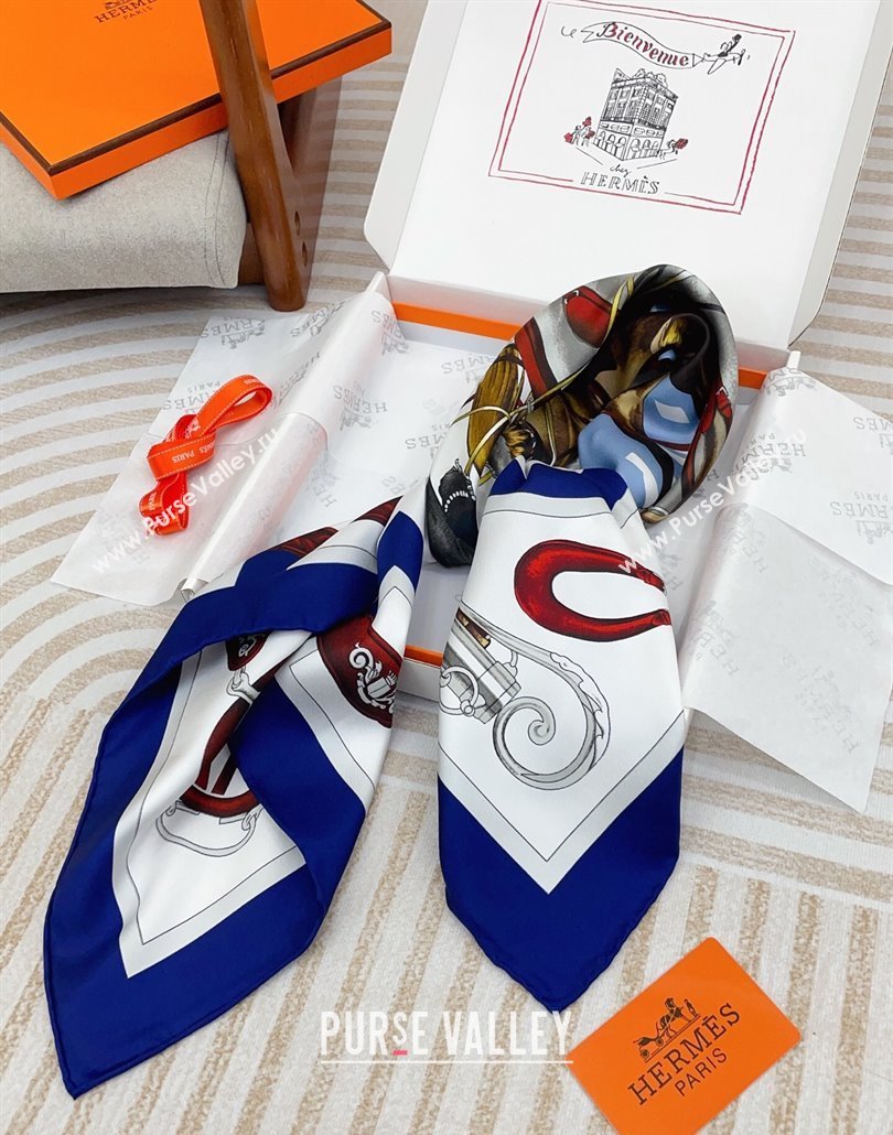 Hermes Attelage en Arbalete forever Silk Square Scarf 90x90cm Blue 2025 (SHI-250319071)