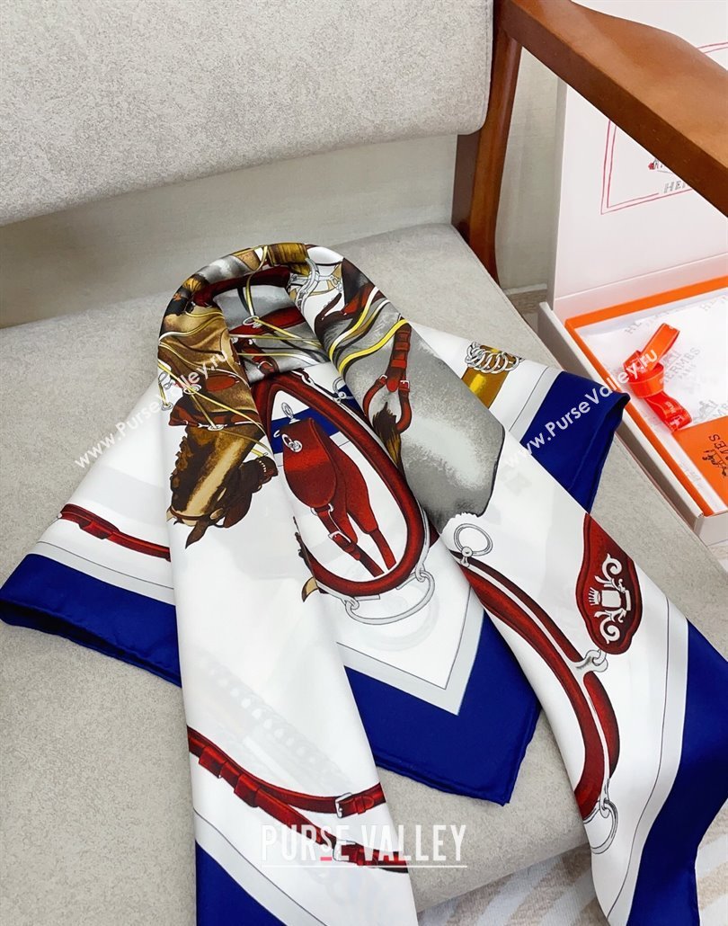 Hermes Attelage en Arbalete forever Silk Square Scarf 90x90cm Blue 2025 (SHI-250319071)