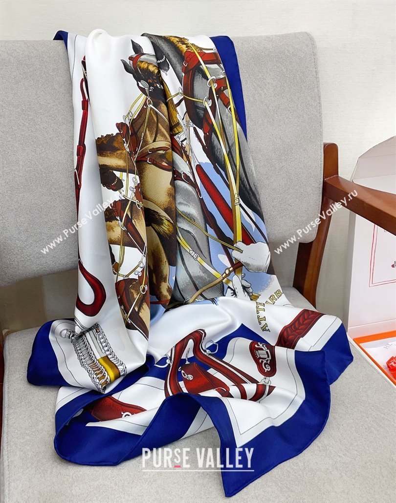 Hermes Attelage en Arbalete forever Silk Square Scarf 90x90cm Blue 2025 (SHI-250319071)