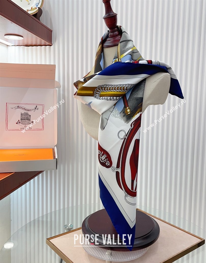 Hermes Attelage en Arbalete forever Silk Square Scarf 90x90cm Blue 2025 (SHI-250319071)
