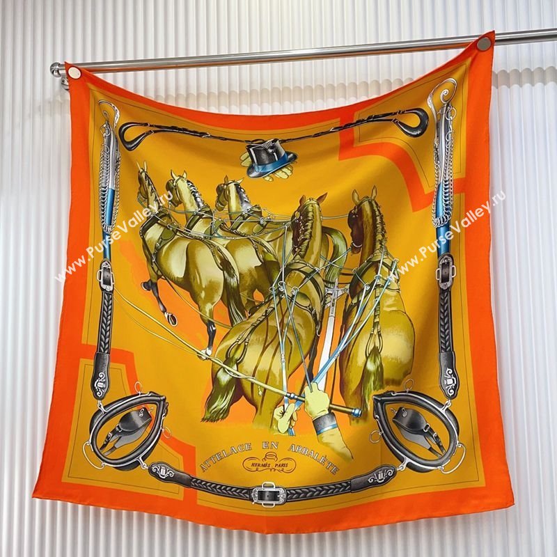 Hermes Attelage en Arbalete forever Silk Square Scarf 90x90cm Orange 2025 (SHI-250319072)