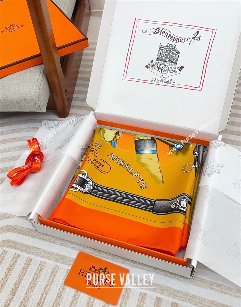 Hermes Attelage en Arbalete forever Silk Square Scarf 90x90cm Orange 2025 (SHI-250319072)