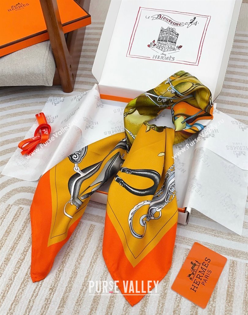 Hermes Attelage en Arbalete forever Silk Square Scarf 90x90cm Orange 2025 (SHI-250319072)