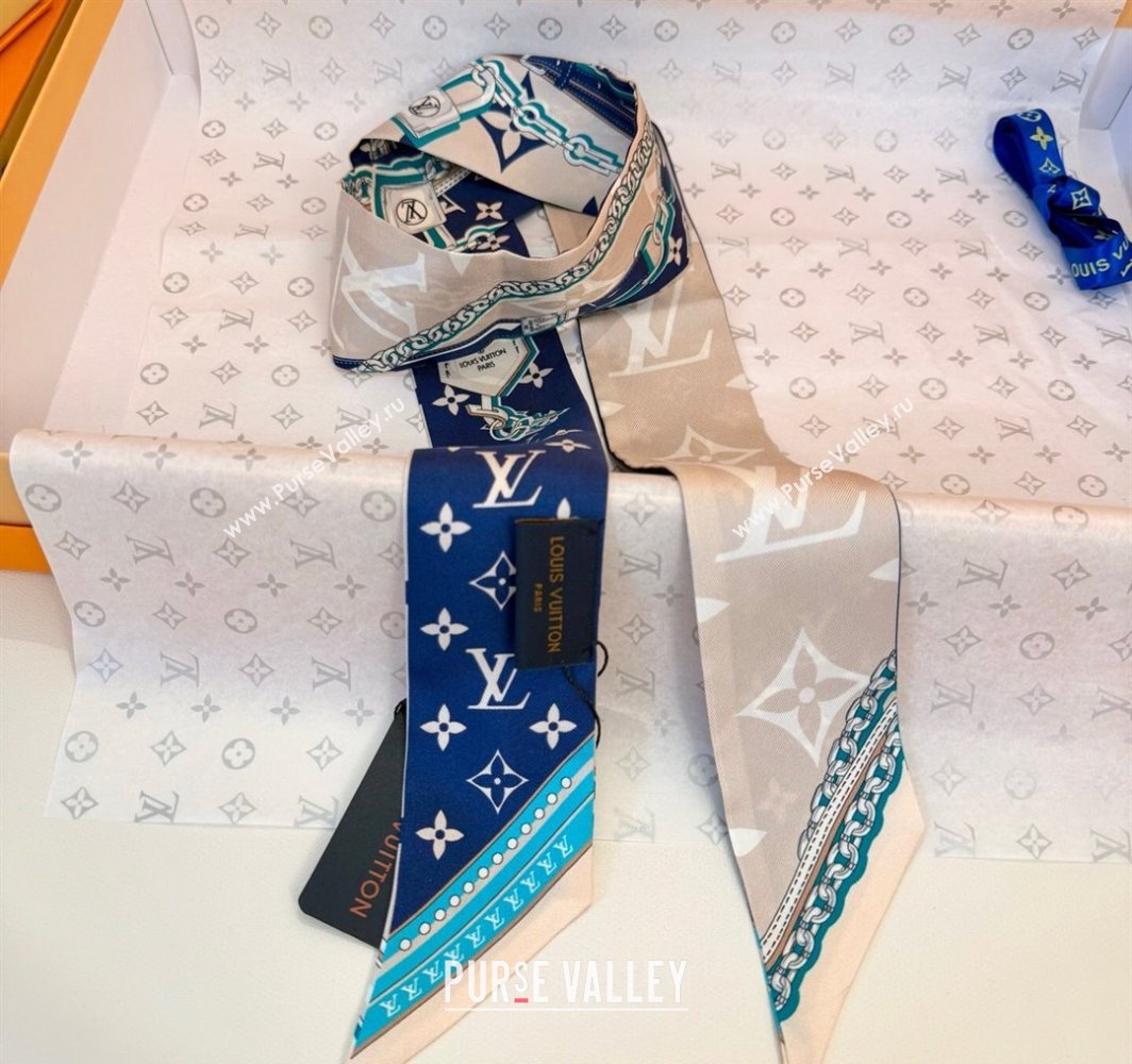 Louis Vuitton Ultimate Monogram BB Silk Bandeau Scarf 5x120cm with Chain Lock Blue 2025 (SHI-250319053)