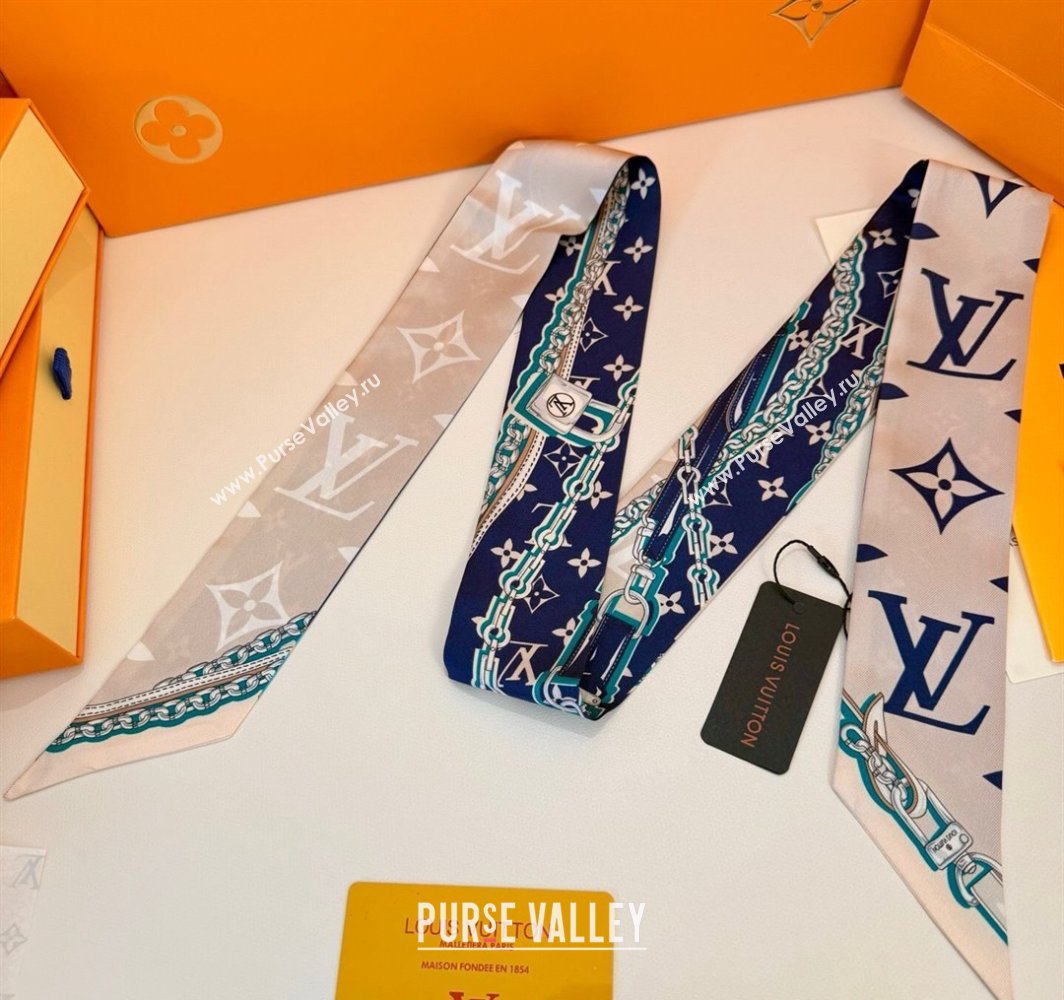 Louis Vuitton Ultimate Monogram BB Silk Bandeau Scarf 5x120cm with Chain Lock Blue 2025 (SHI-250319053)