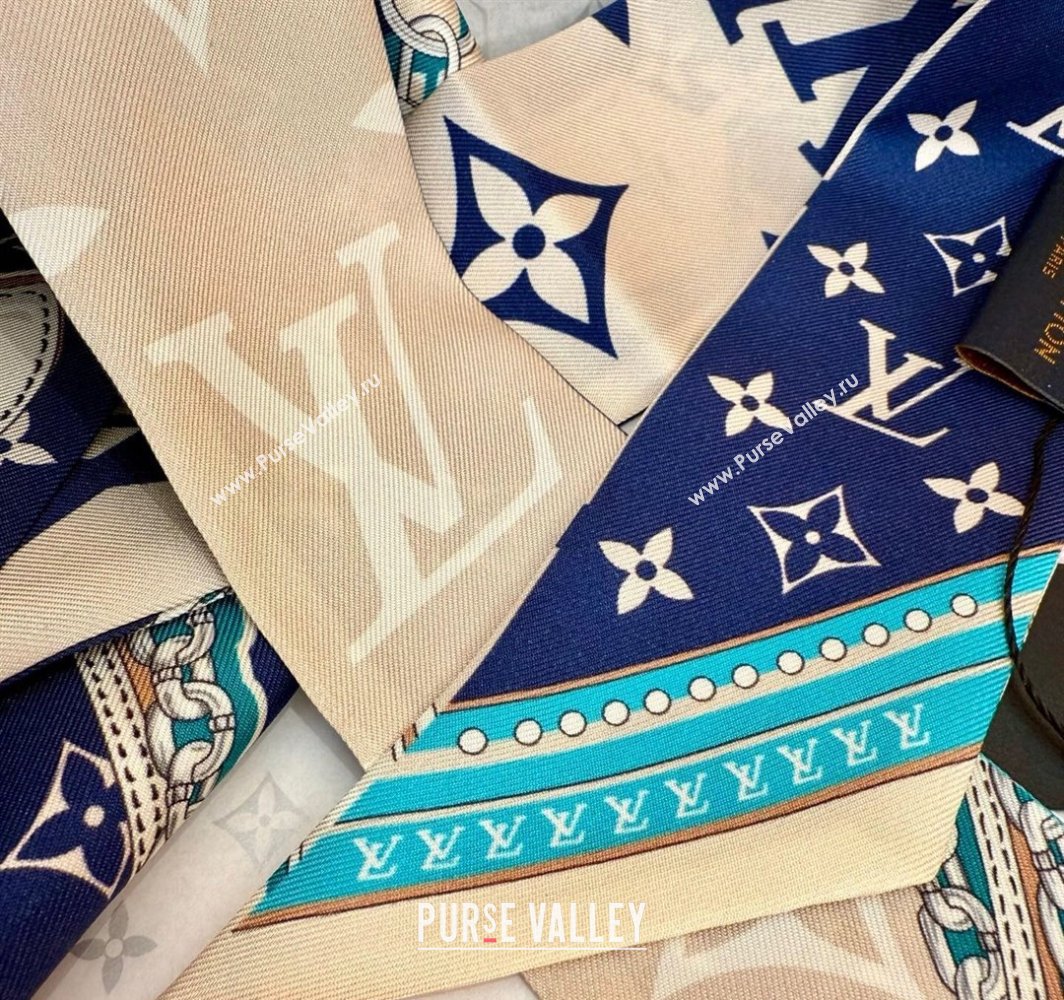 Louis Vuitton Ultimate Monogram BB Silk Bandeau Scarf 5x120cm with Chain Lock Blue 2025 (SHI-250319053)