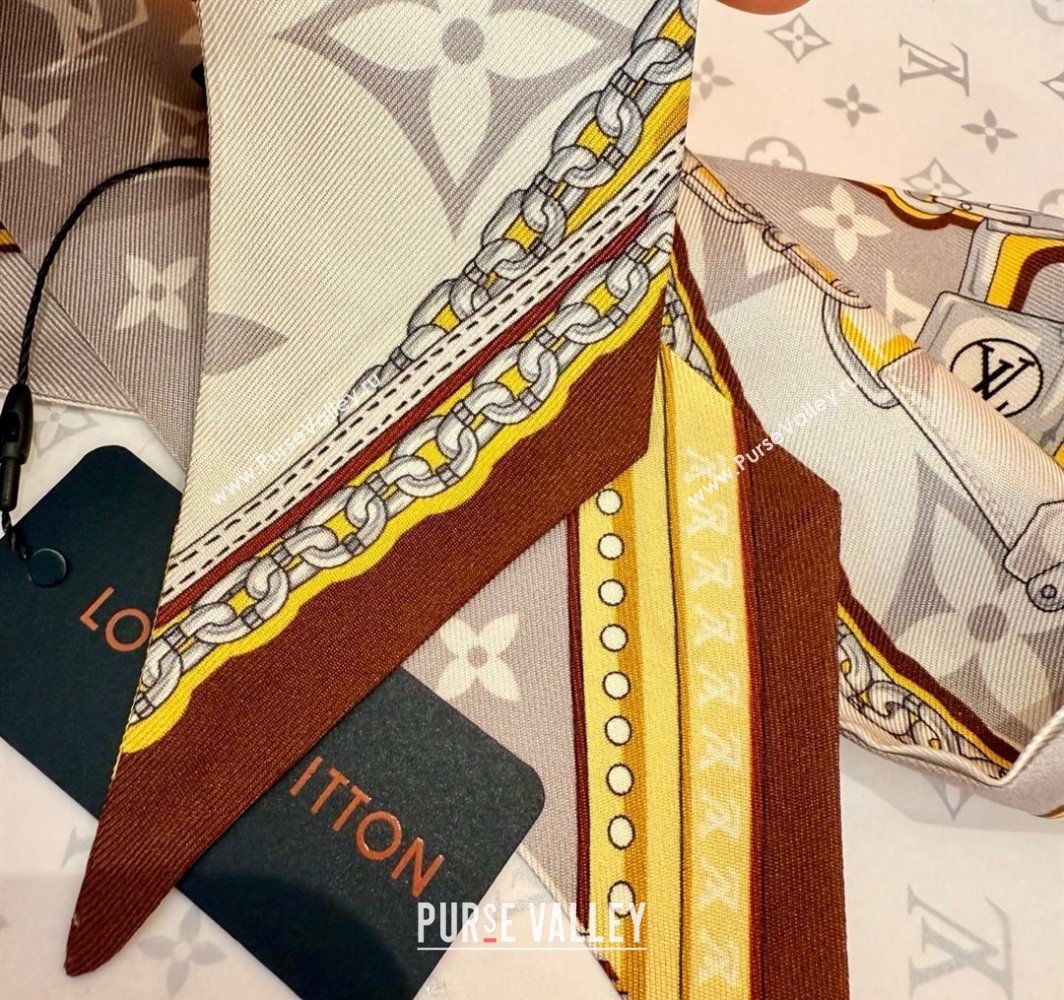 Louis Vuitton Ultimate Monogram BB Silk Bandeau Scarf 5x120cm with Chain Lock Grey 2025 (SHI-250319054)