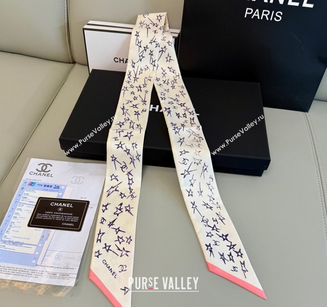 Chanel Star Silk Bandeau Scarf 6x120cm White 2025 AA8006 (SHI-250319043)