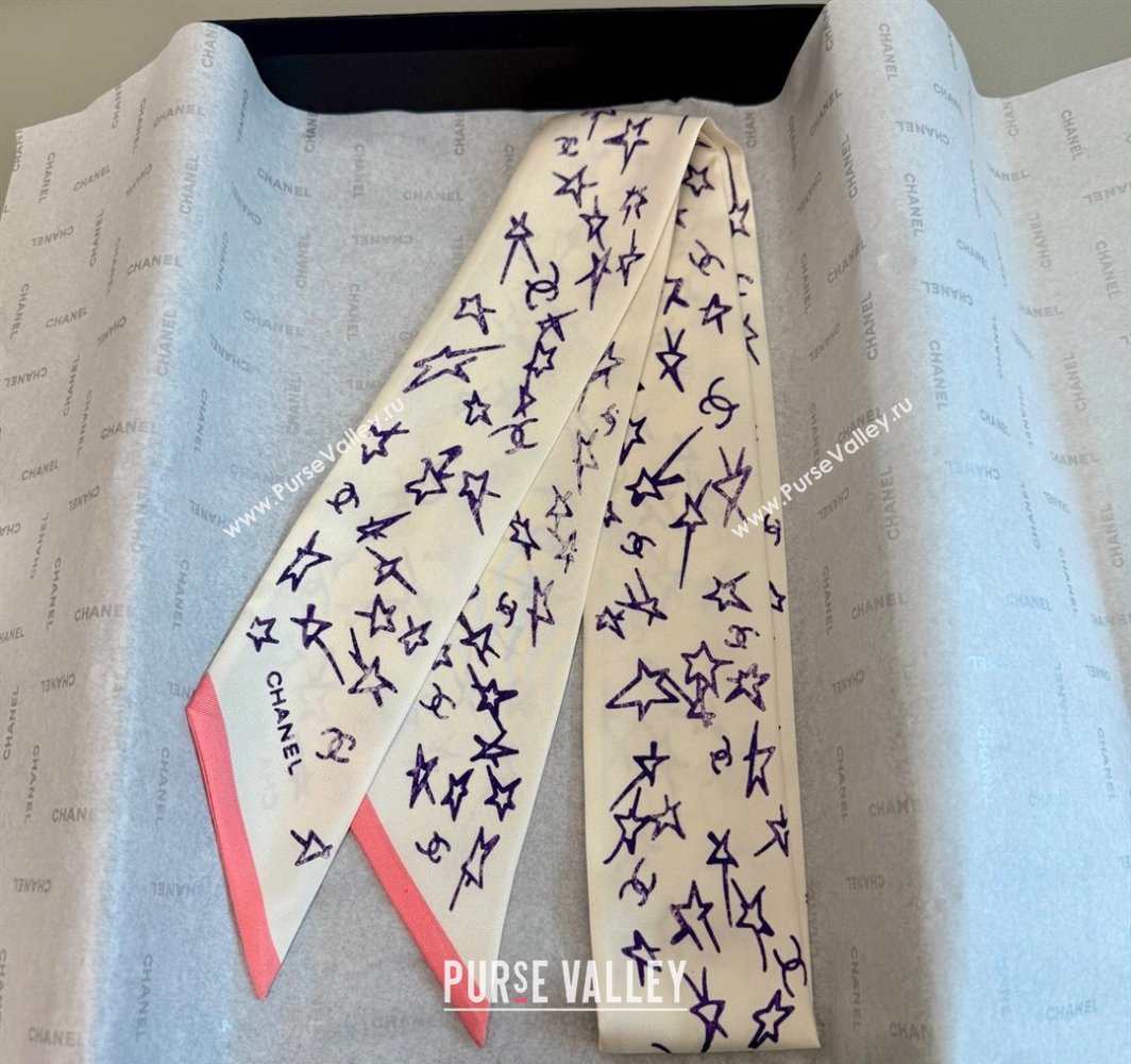 Chanel Star Silk Bandeau Scarf 6x120cm White 2025 AA8006 (SHI-250319043)