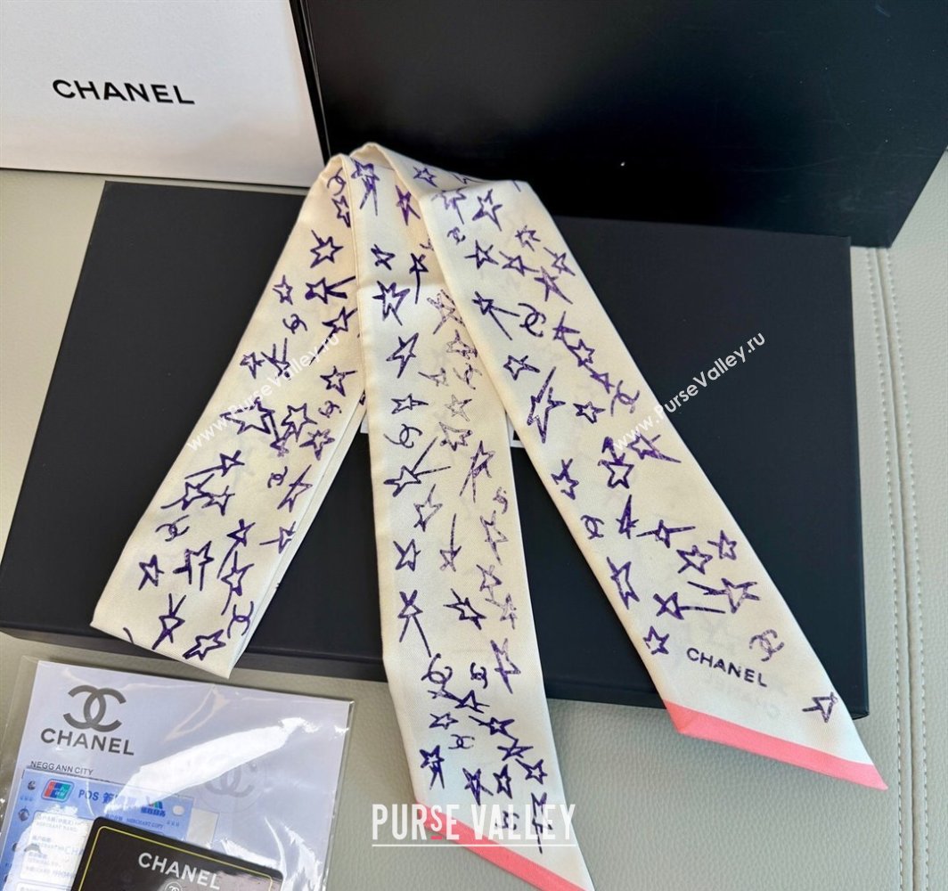 Chanel Star Silk Bandeau Scarf 6x120cm White 2025 AA8006 (SHI-250319043)