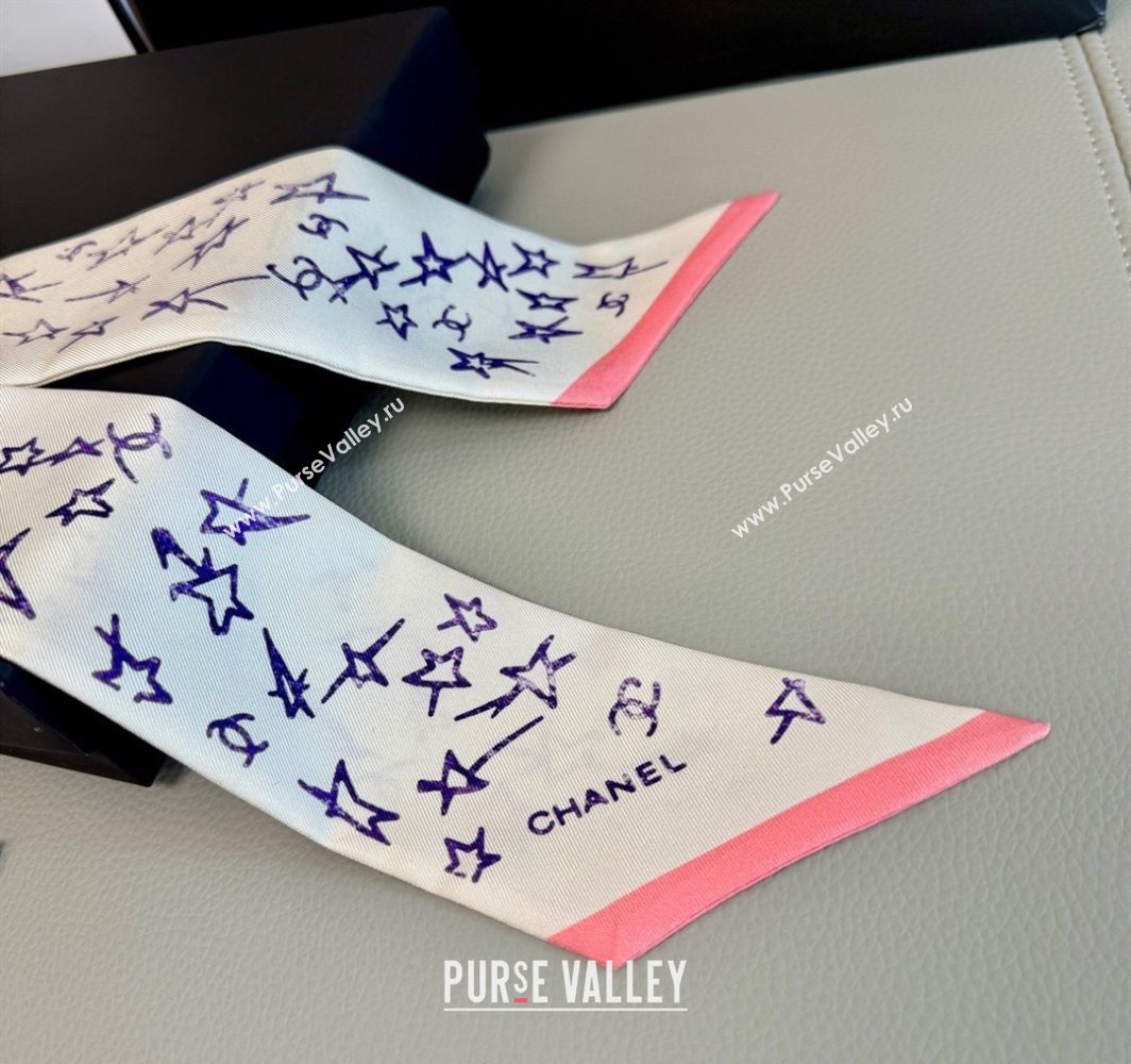Chanel Star Silk Bandeau Scarf 6x120cm White 2025 AA8006 (SHI-250319043)