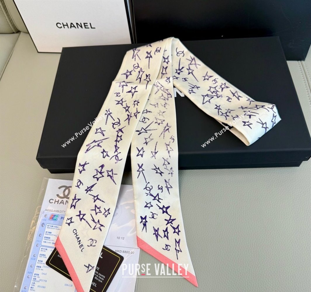 Chanel Star Silk Bandeau Scarf 6x120cm White 2025 AA8006 (SHI-250319043)