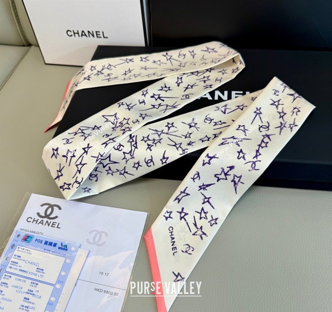 Chanel Star Silk Bandeau Scarf 6x120cm White 2025 AA8006 (SHI-250319043)
