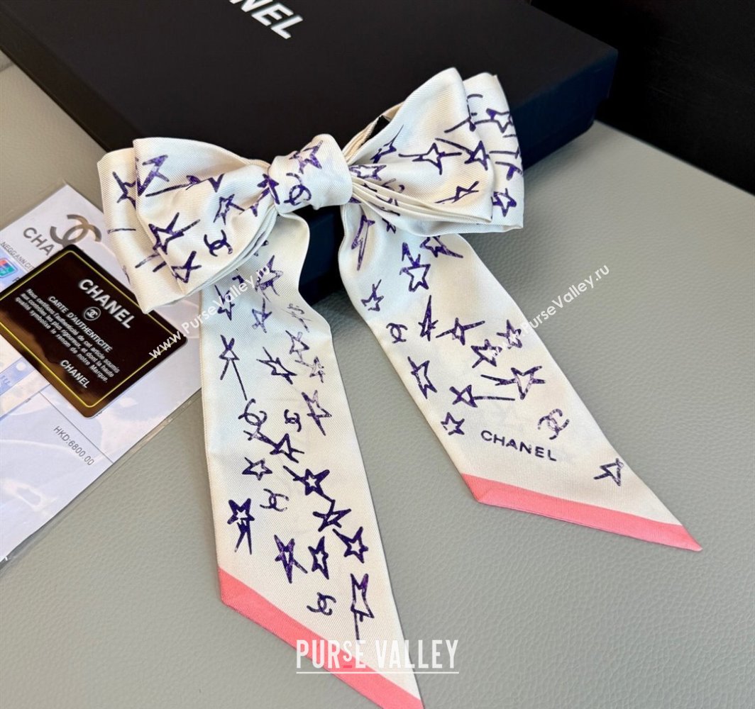 Chanel Star Silk Bandeau Scarf 6x120cm White 2025 AA8006 (SHI-250319043)