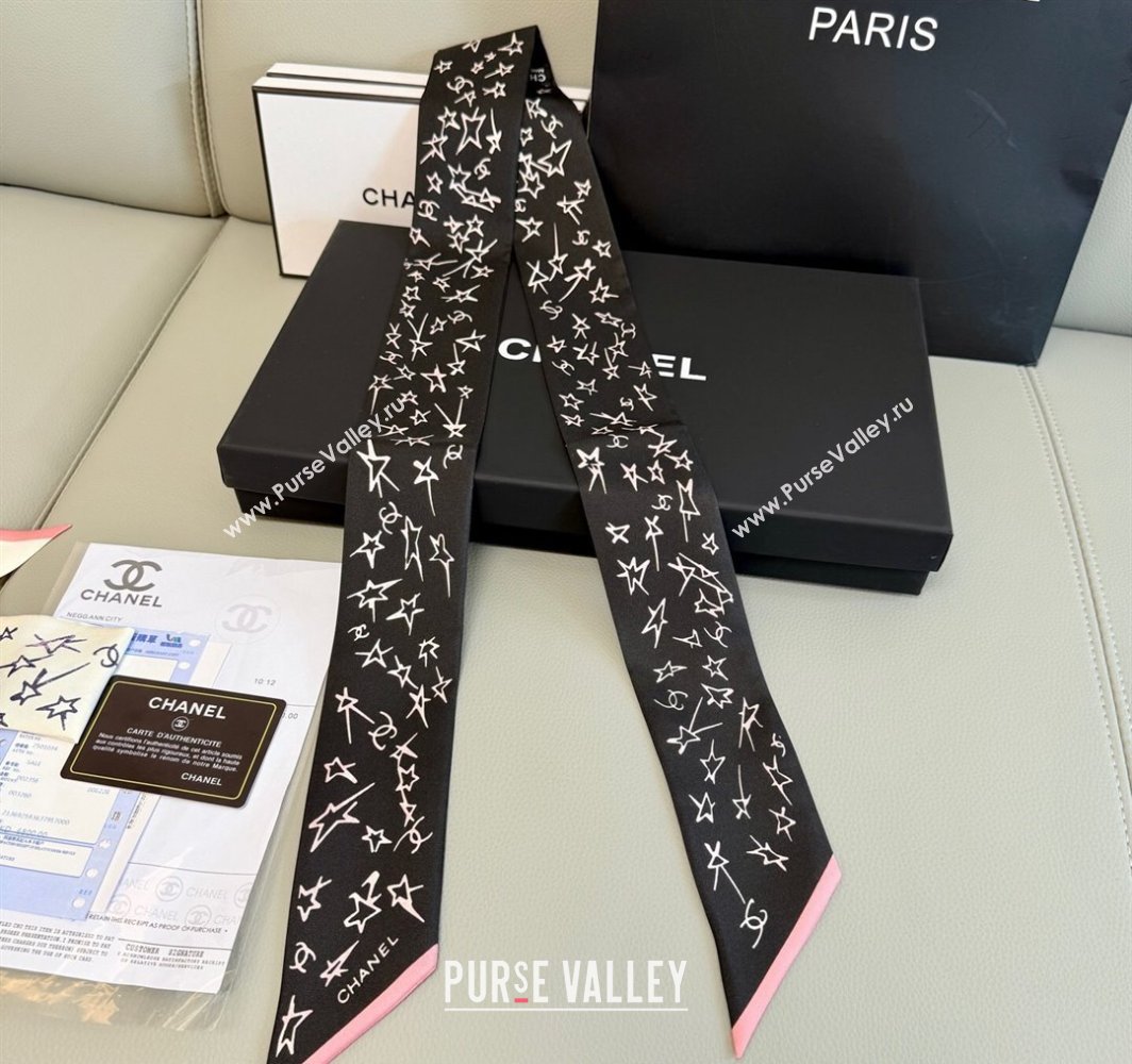 Chanel Star Silk Bandeau Scarf 6x120cm Black 2025 AA8006 (SHI-250319042)