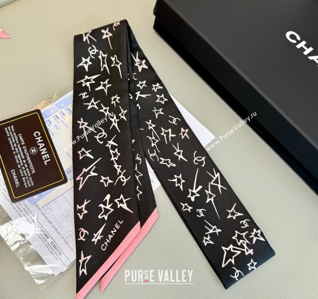 Chanel Star Silk Bandeau Scarf 6x120cm Black 2025 AA8006 (SHI-250319042)