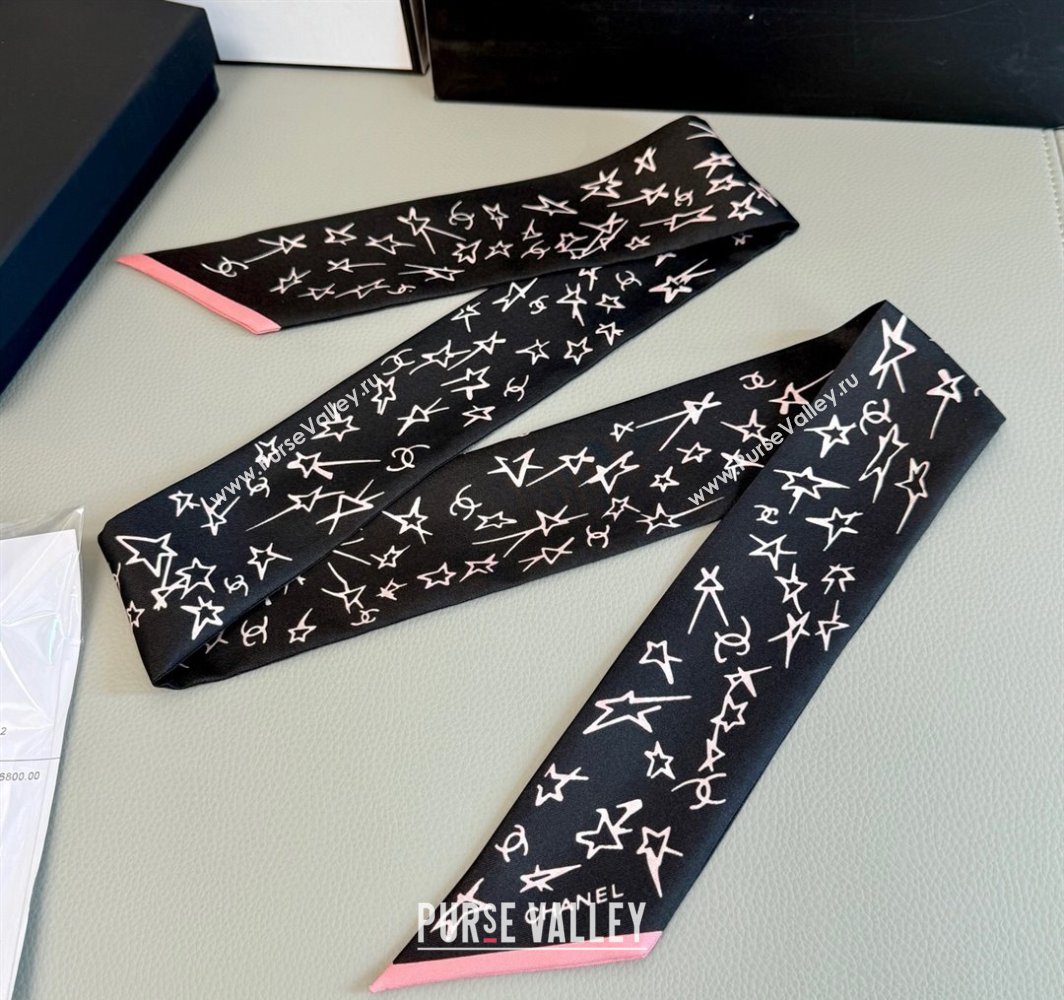 Chanel Star Silk Bandeau Scarf 6x120cm Black 2025 AA8006 (SHI-250319042)