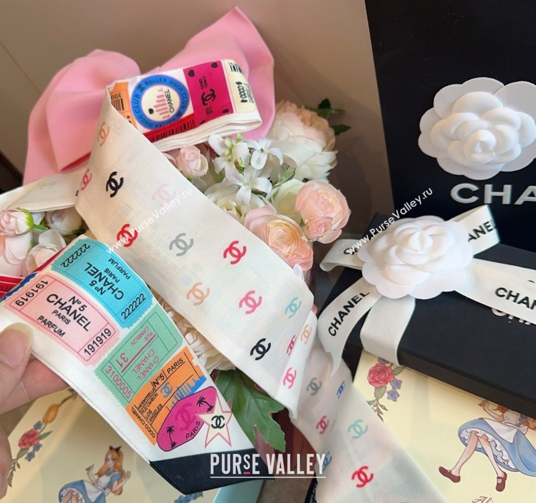 Chanel Silk Bandeau Scarf 6x120cm White 2025 CH03181 (XMN-250318094)