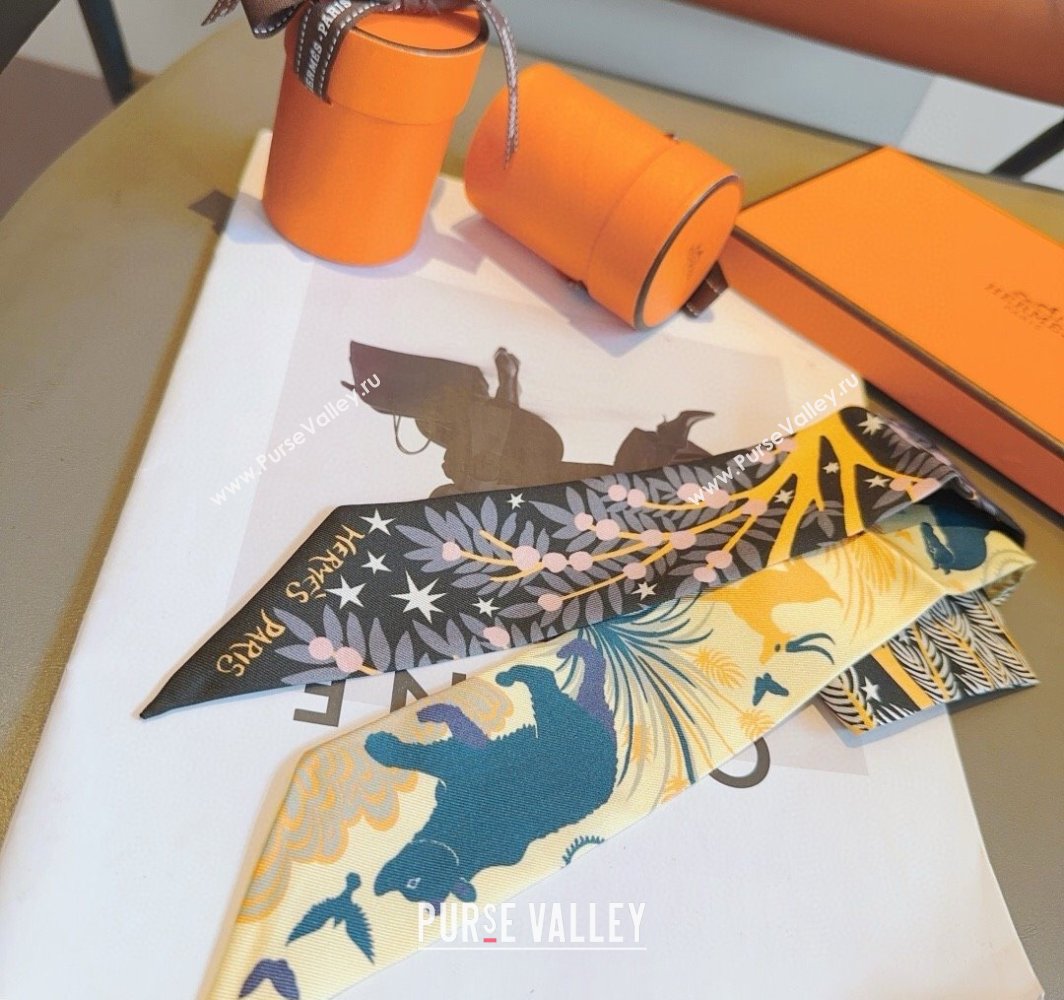 Hermes Animal Silk Twilly Bandeau Scarf 5x86cm Black 2025 HS03183 (XMN-250318097)