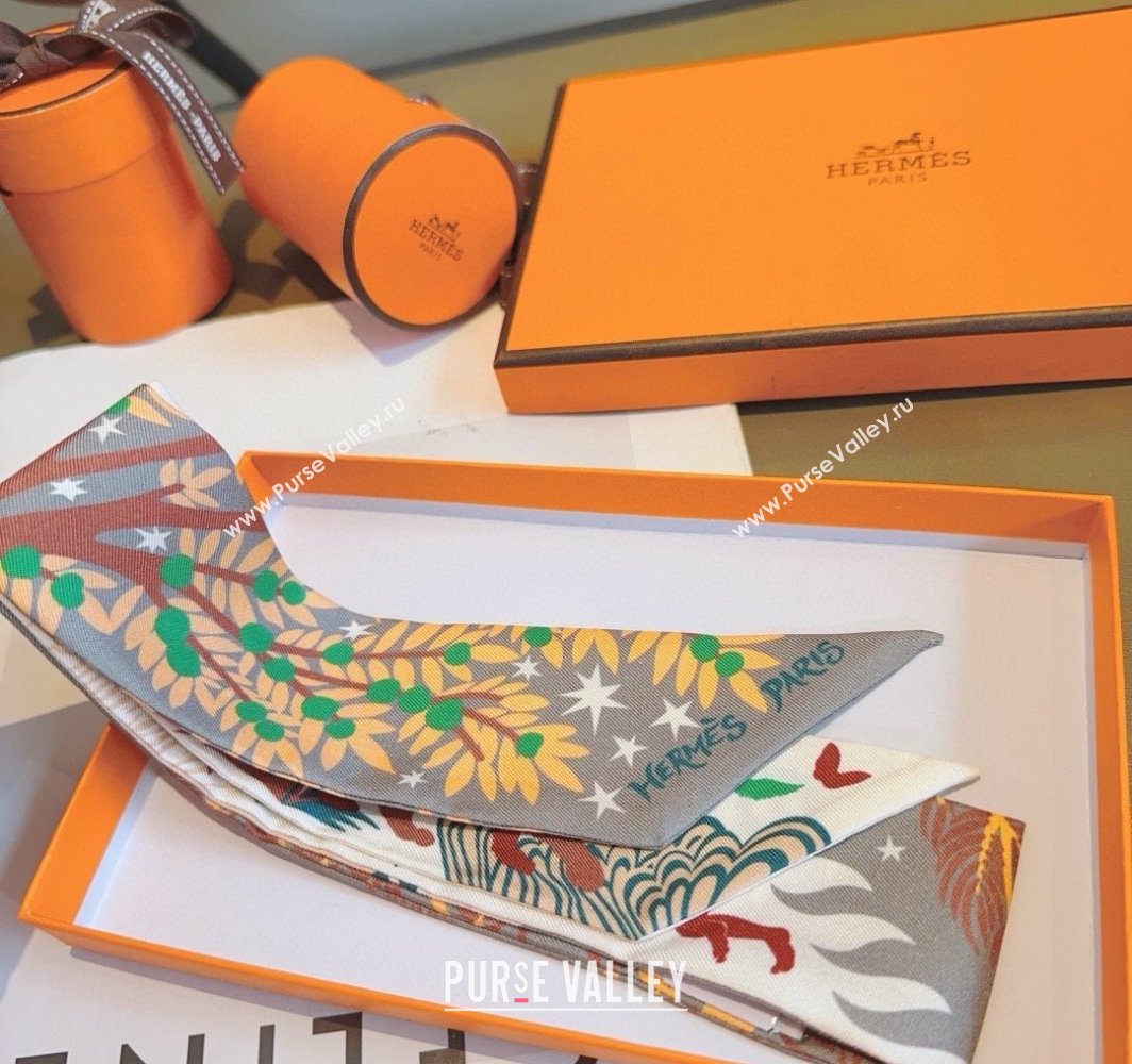 Hermes Animal Silk Twilly Bandeau Scarf 5x86cm White 2025 HS03183 (XMN-250318099)