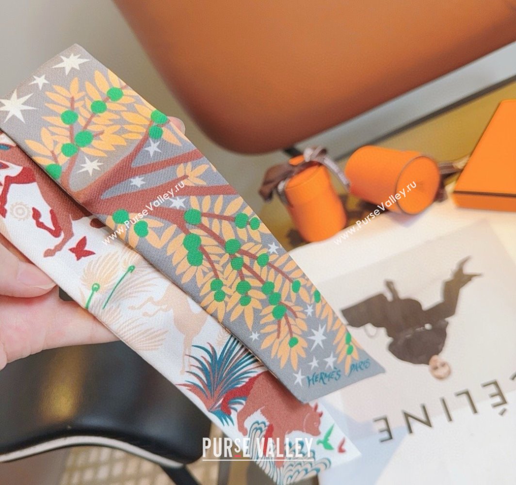 Hermes Animal Silk Twilly Bandeau Scarf 5x86cm White 2025 HS03183 (XMN-250318099)