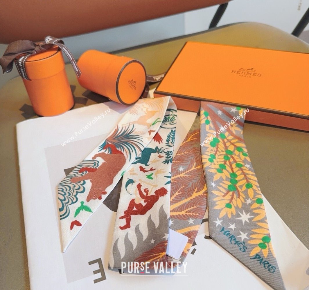 Hermes Animal Silk Twilly Bandeau Scarf 5x86cm White 2025 HS03183 (XMN-250318099)