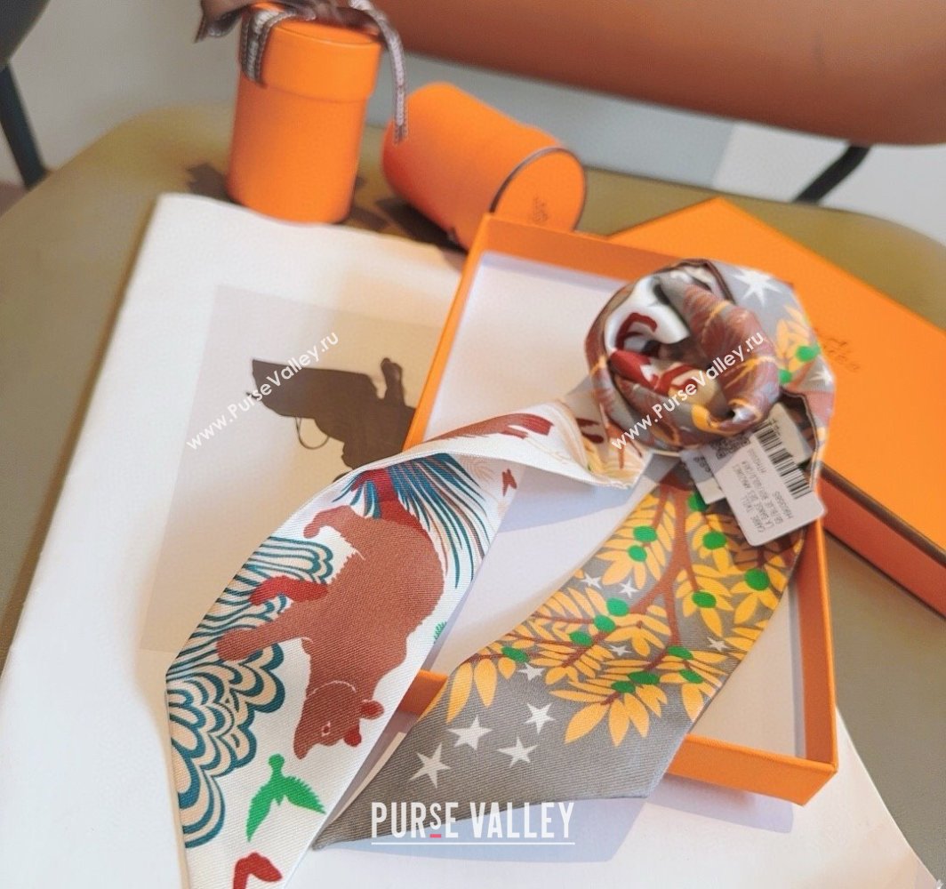 Hermes Animal Silk Twilly Bandeau Scarf 5x86cm White 2025 HS03183 (XMN-250318099)