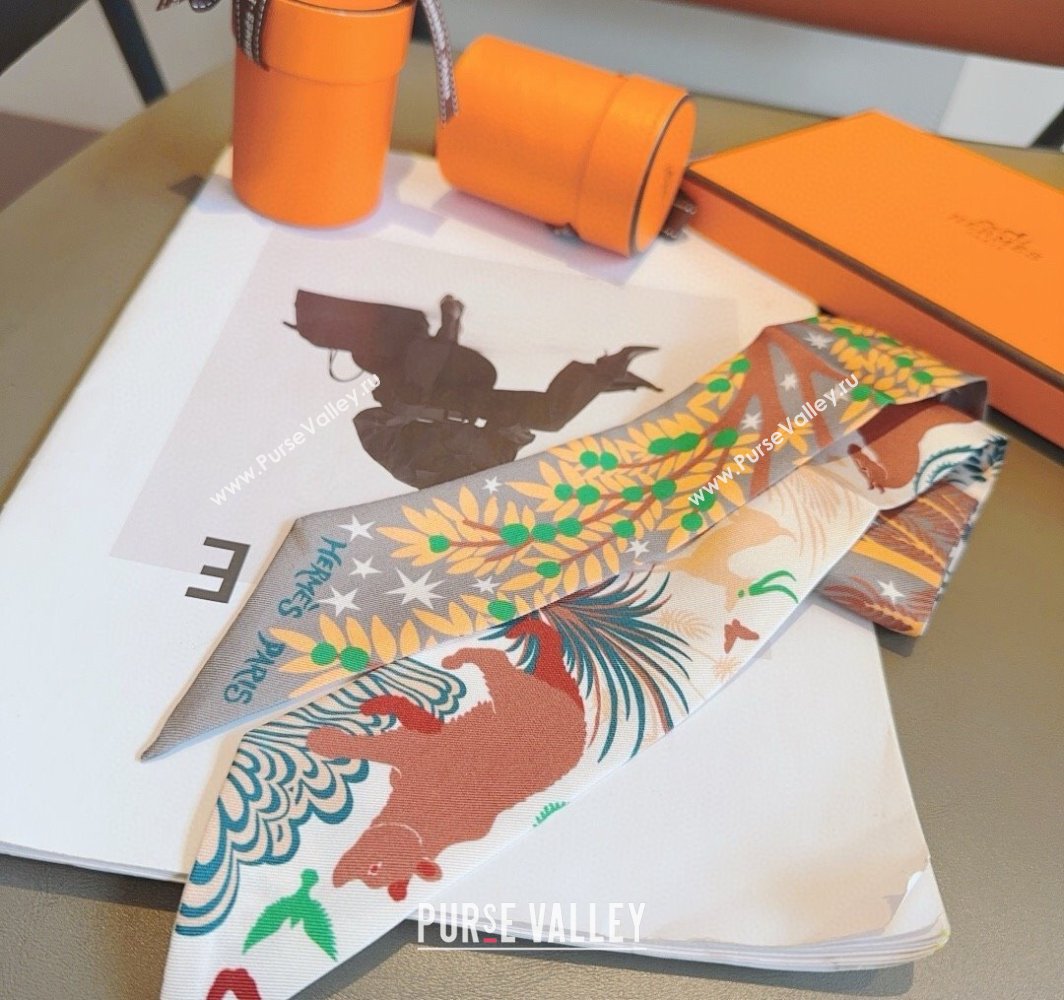 Hermes Animal Silk Twilly Bandeau Scarf 5x86cm White 2025 HS03183 (XMN-250318099)