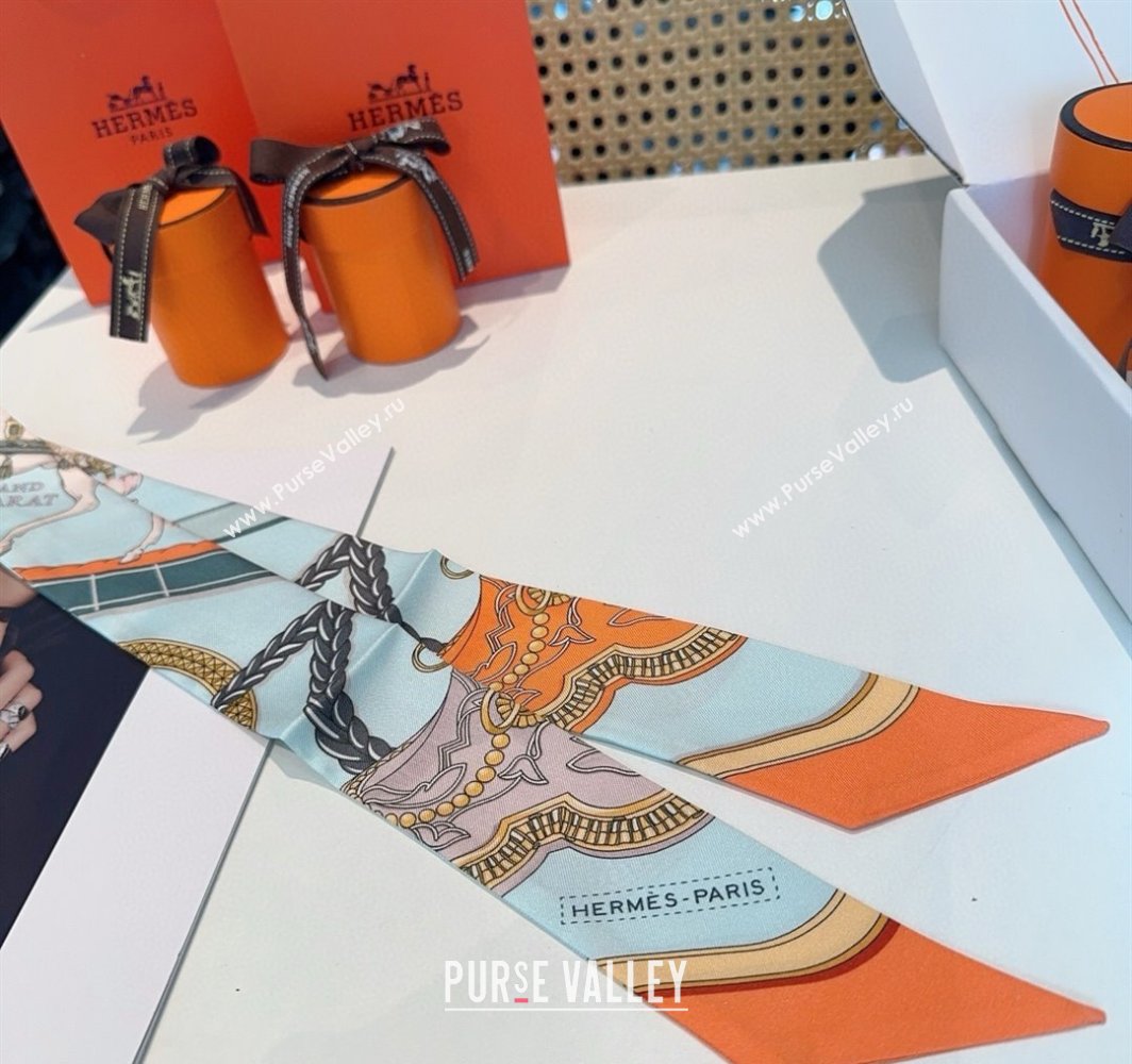 Hermes Feast Silk Twilly Bandeau Scarf 5x86cm Orange/Blue 2025 HS03184 (XMN-250318107)