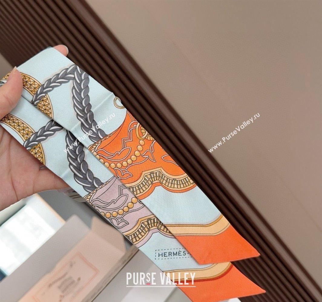 Hermes Feast Silk Twilly Bandeau Scarf 5x86cm Orange/Blue 2025 HS03184 (XMN-250318107)