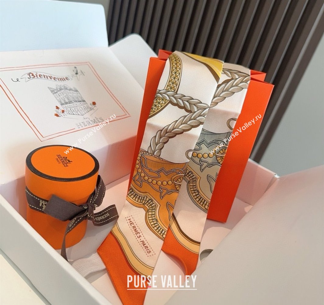 Hermes Feast Silk Twilly Bandeau Scarf 5x86cm Orange/White 2025 HS03184 (XMN-250318105)