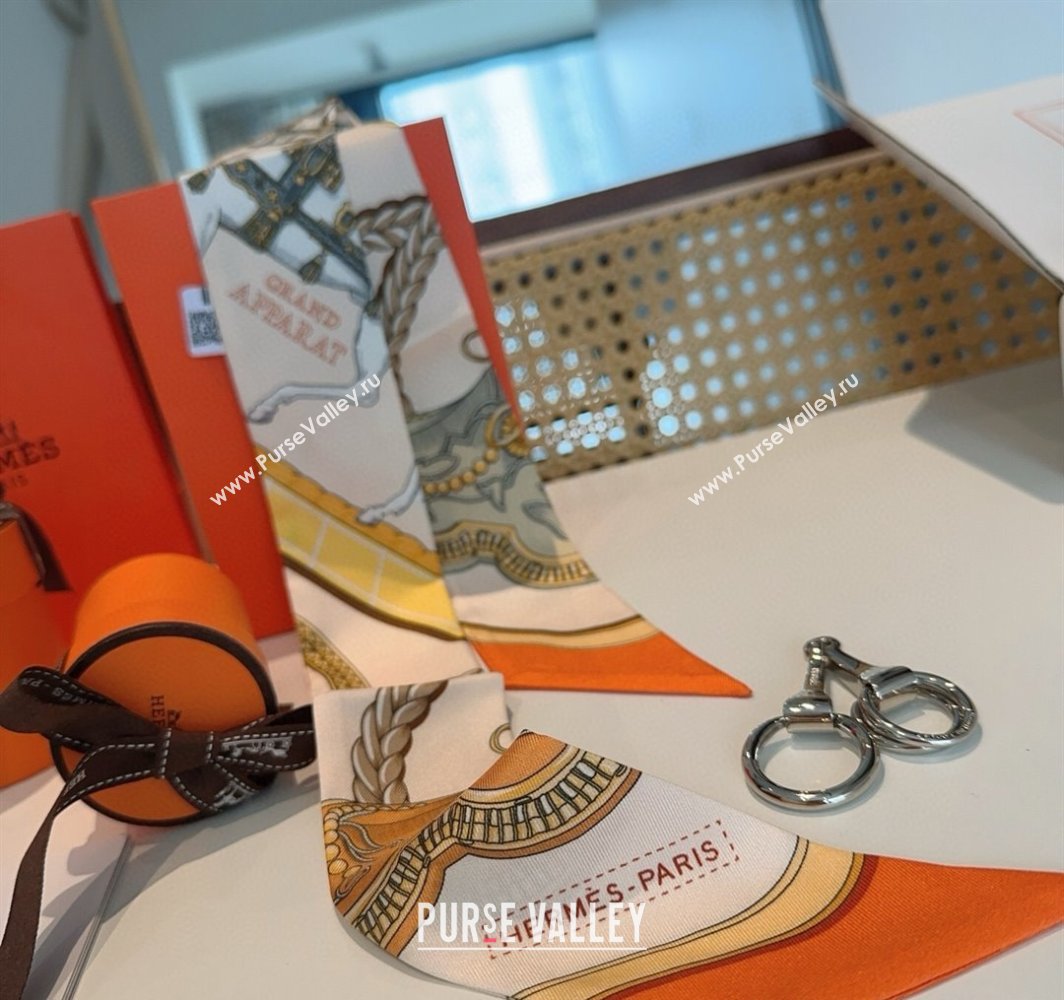 Hermes Feast Silk Twilly Bandeau Scarf 5x86cm Orange/White 2025 HS03184 (XMN-250318105)