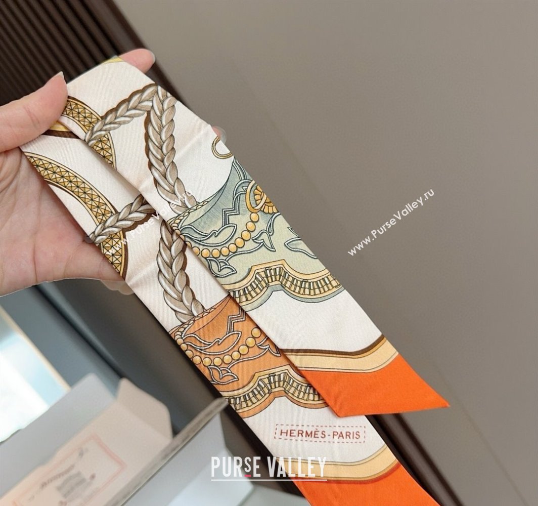 Hermes Feast Silk Twilly Bandeau Scarf 5x86cm Orange/White 2025 HS03184 (XMN-250318105)