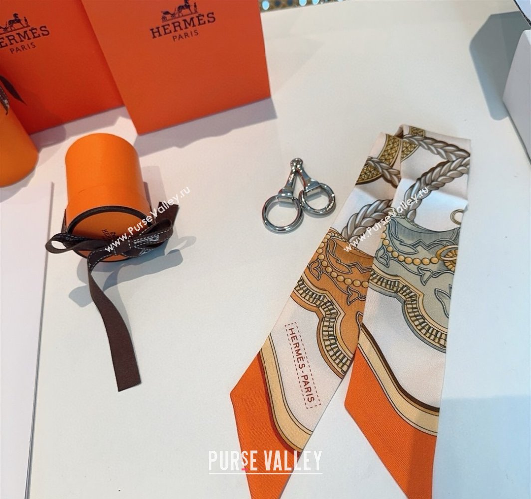 Hermes Feast Silk Twilly Bandeau Scarf 5x86cm Orange/White 2025 HS03184 (XMN-250318105)
