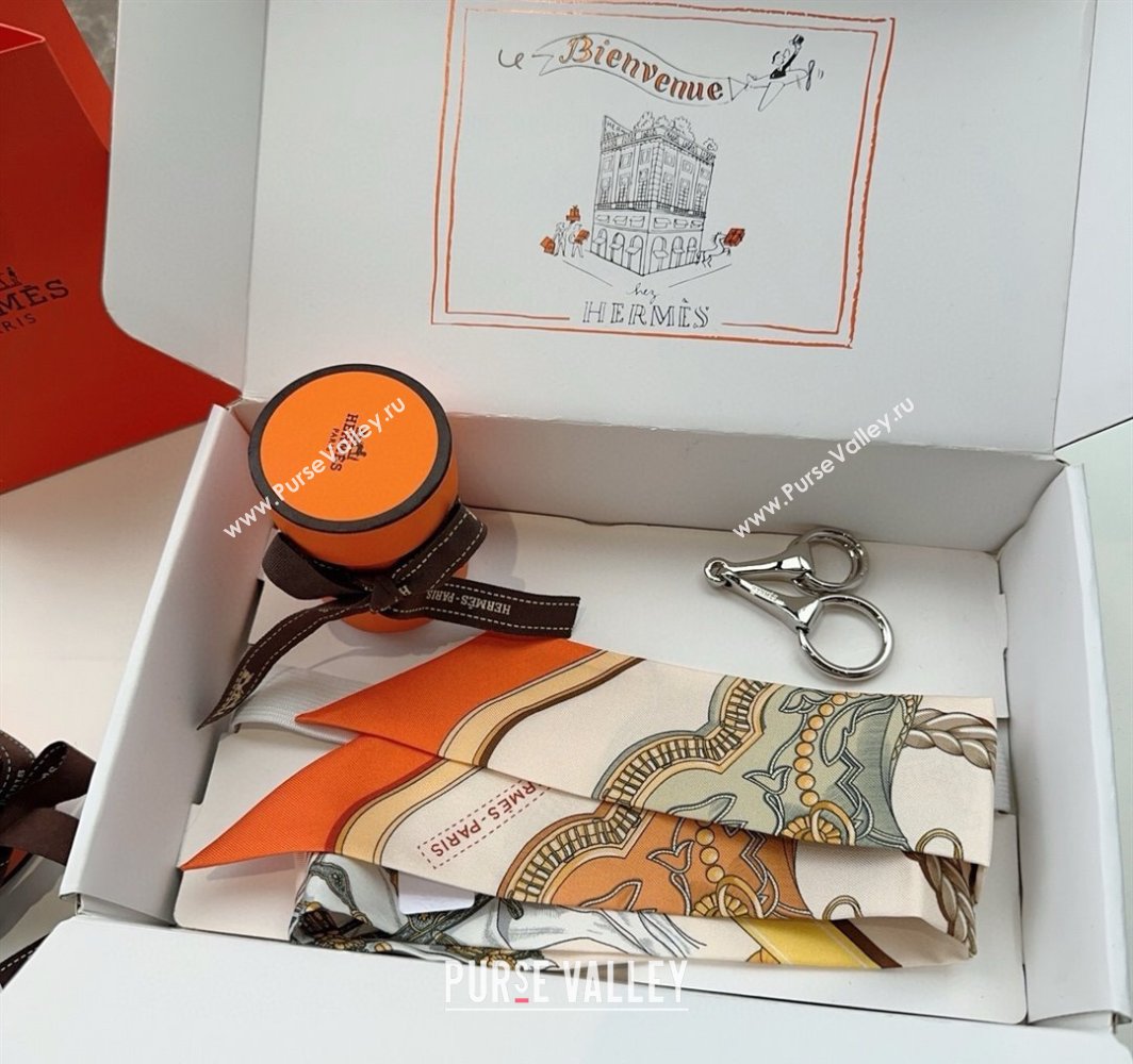 Hermes Feast Silk Twilly Bandeau Scarf 5x86cm Orange/White 2025 HS03184 (XMN-250318105)