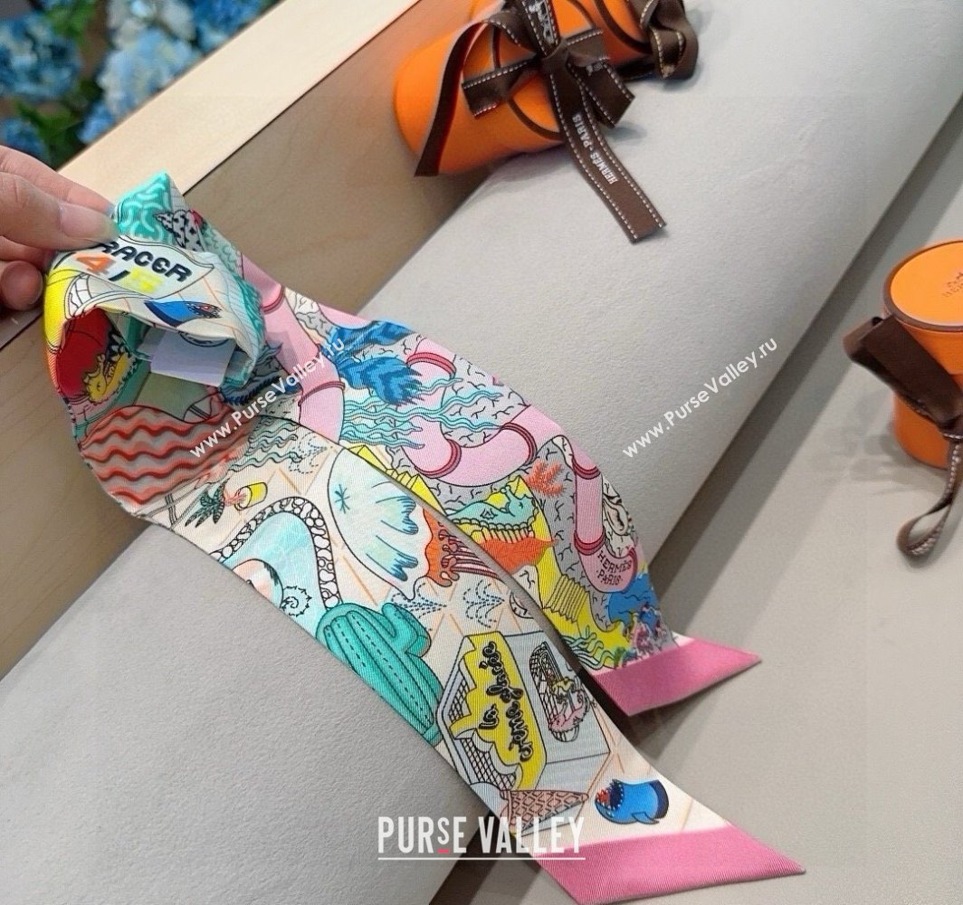 Hermes Splash Park Silk Twilly Bandeau Scarf 5x86cm Light Pink 2025 (XMN-250318136)