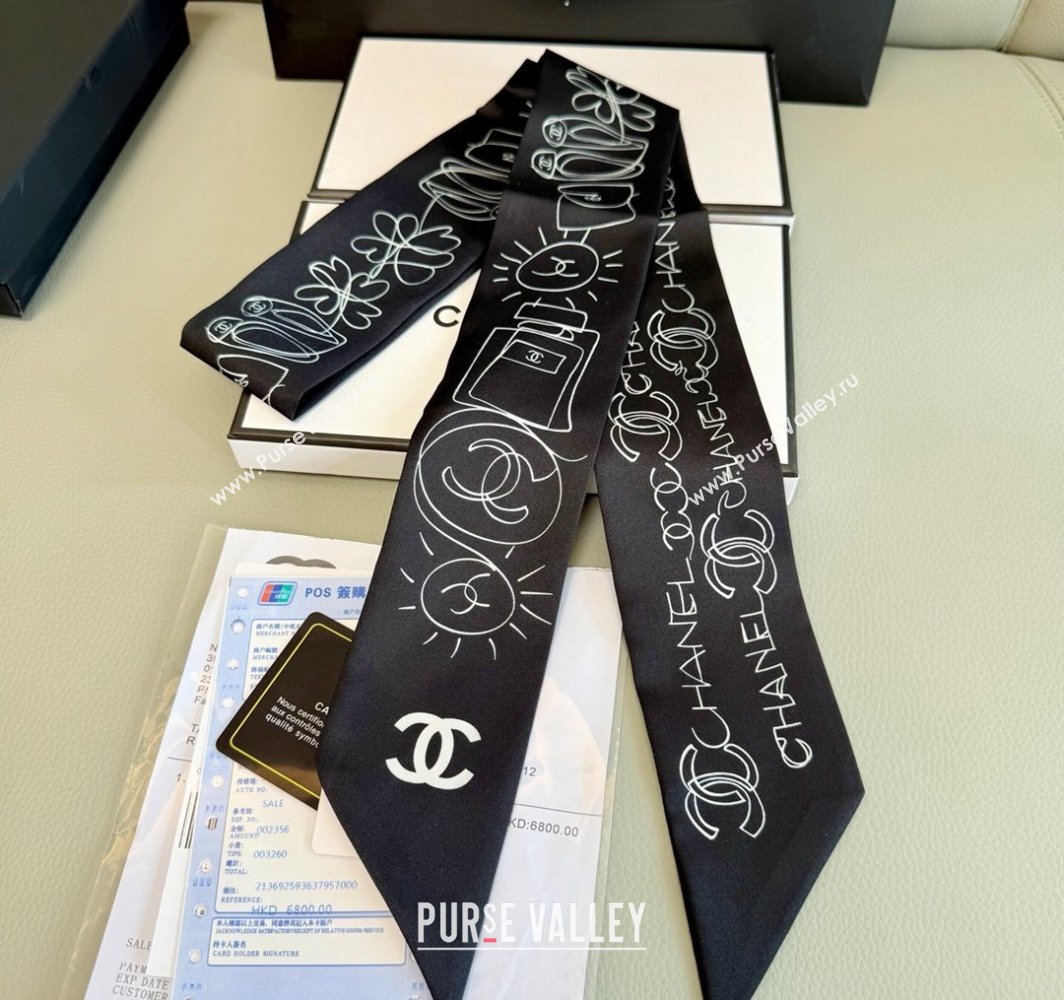 Chanel Cartoon Letters Silk Bandeau Scarf 6x120cm Black 2025 (XMN-250319022)