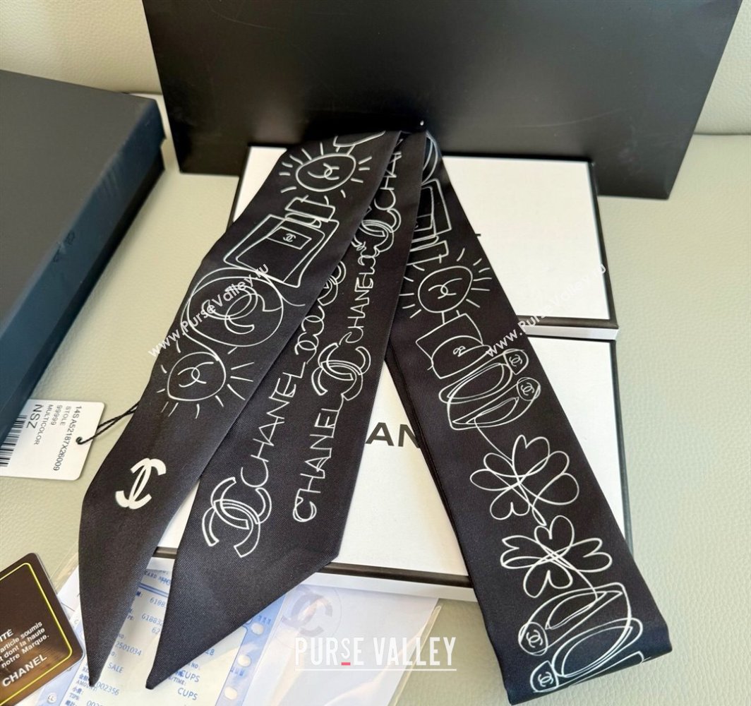 Chanel Cartoon Letters Silk Bandeau Scarf 6x120cm Black 2025 (XMN-250319022)