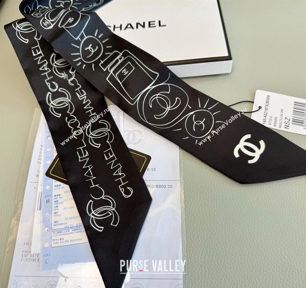 Chanel Cartoon Letters Silk Bandeau Scarf 6x120cm Black 2025 (XMN-250319022)