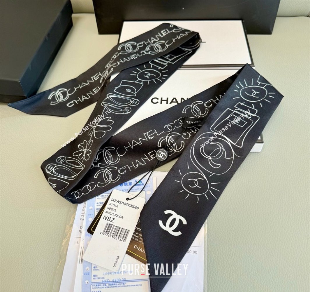 Chanel Cartoon Letters Silk Bandeau Scarf 6x120cm Black 2025 (XMN-250319022)