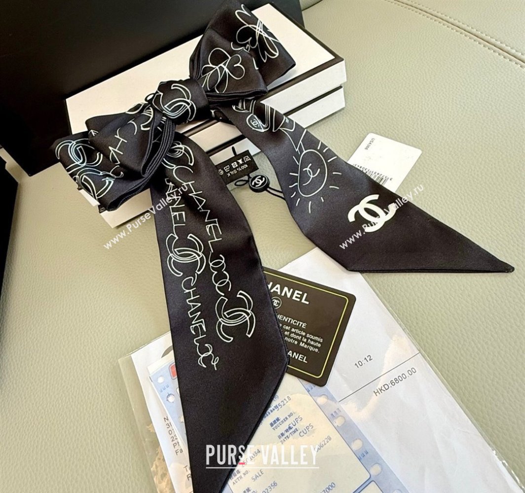 Chanel Cartoon Letters Silk Bandeau Scarf 6x120cm Black 2025 (XMN-250319022)