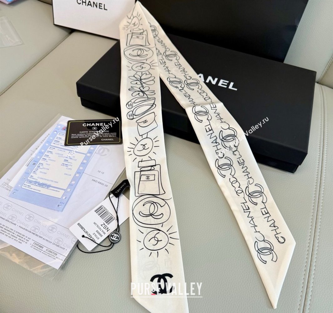 Chanel Cartoon Letters Silk Bandeau Scarf 6x120cm White 2025 (XMN-250319023)