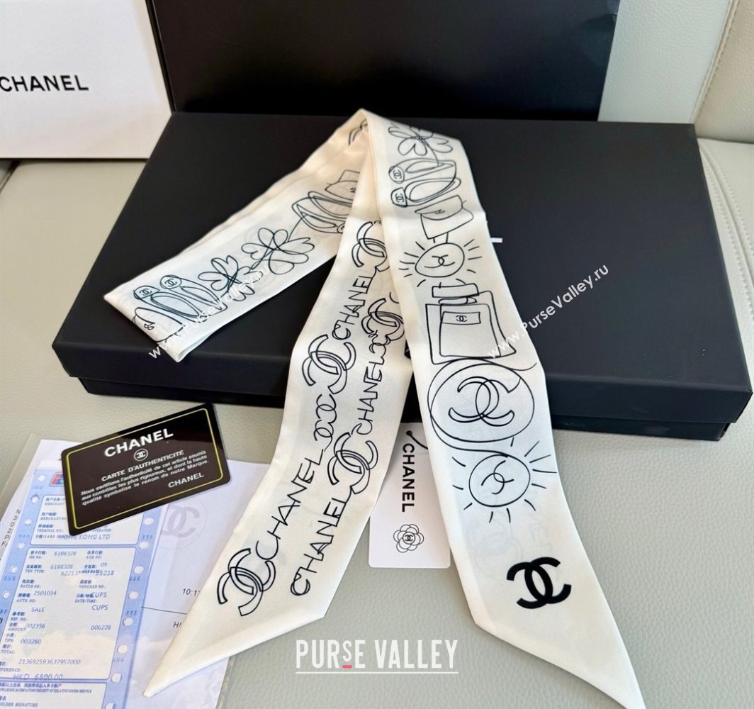 Chanel Cartoon Letters Silk Bandeau Scarf 6x120cm White 2025 (XMN-250319023)