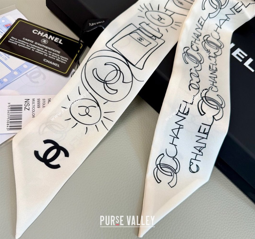 Chanel Cartoon Letters Silk Bandeau Scarf 6x120cm White 2025 (XMN-250319023)