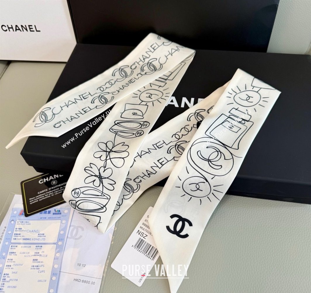 Chanel Cartoon Letters Silk Bandeau Scarf 6x120cm White 2025 (XMN-250319023)