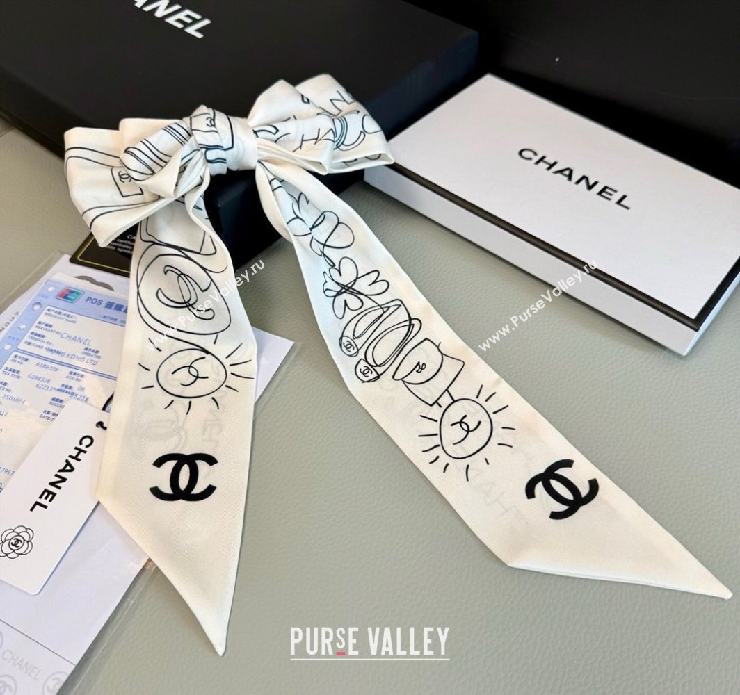 Chanel Cartoon Letters Silk Bandeau Scarf 6x120cm White 2025 (XMN-250319023)