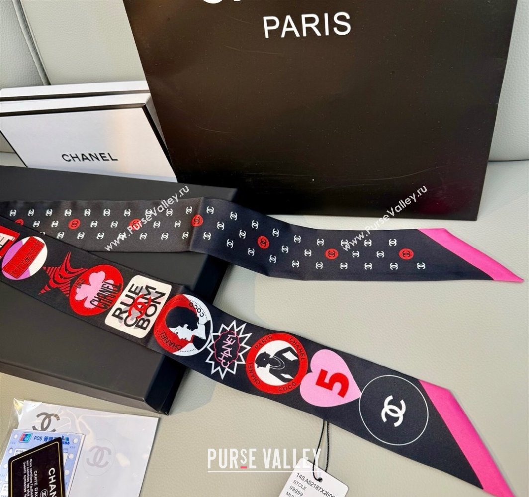 Chanel Coco Lady Silk Bandeau Scarf 6x120cm Black 2025 (XMN-250319028)