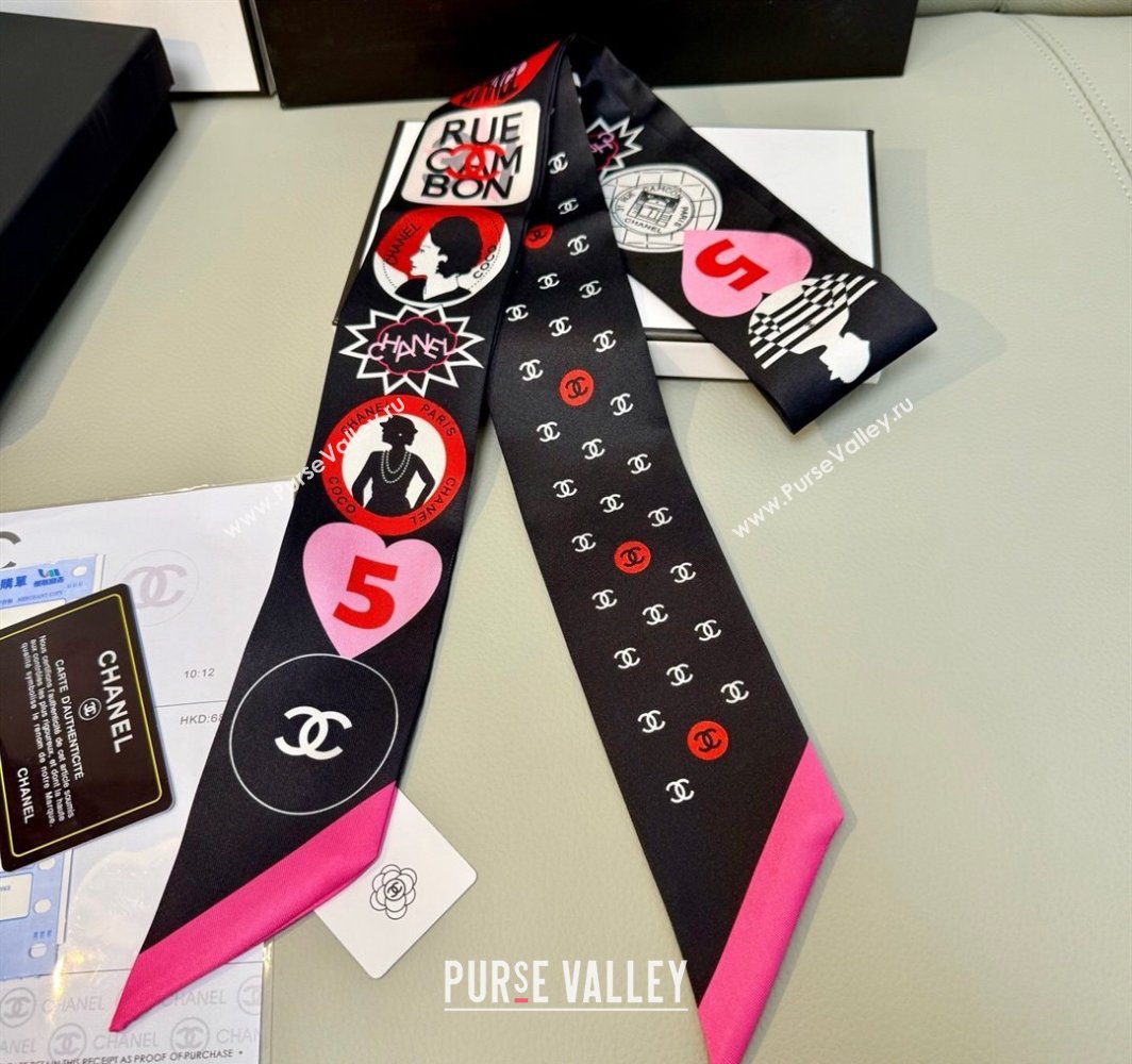 Chanel Coco Lady Silk Bandeau Scarf 6x120cm Black 2025 (XMN-250319028)