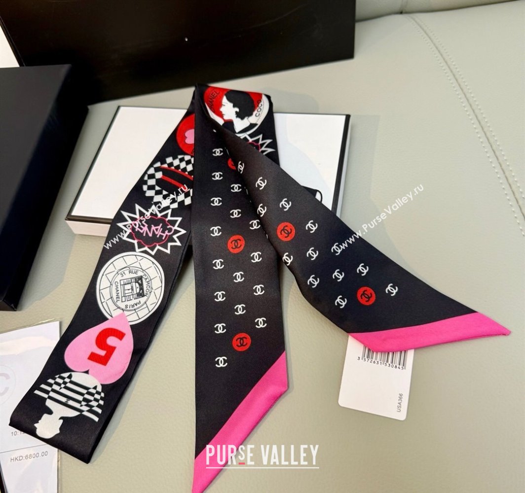 Chanel Coco Lady Silk Bandeau Scarf 6x120cm Black 2025 (XMN-250319028)